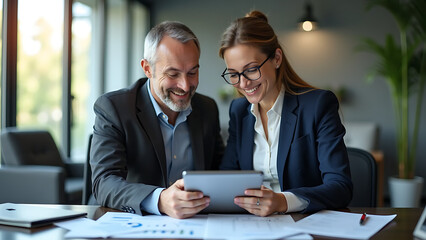 Collaborative Business Success Happy Male and Female Executives Working Together as Partners, Reviewing Financial Data on a Digital Tablet in a Corporate Office Environment.