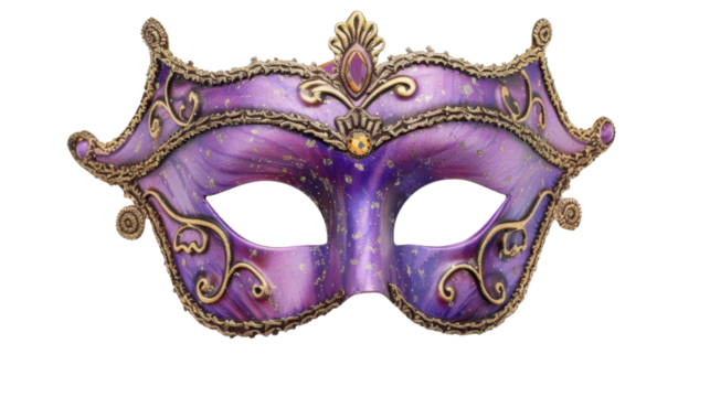 Elegant purple and gold venetian carnival mask on transparent background