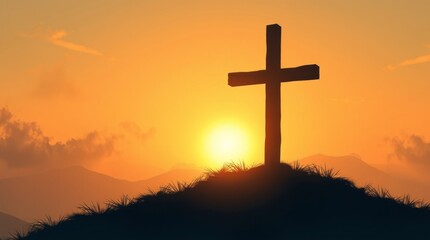 Sunset Silhouette Cross on Hilltop Landscape