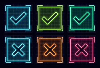 Yes and no symbol set, cyber neon visual, glowing border grid vector.	