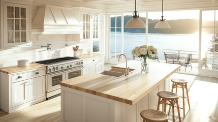 A charming coastal farmhouse kitchen with clean white cabinetry and light wood accents