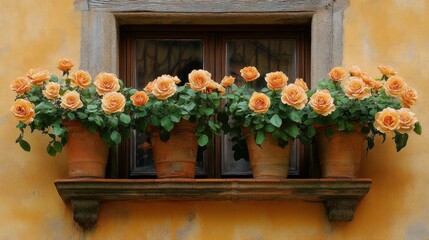 Fototapeta premium Peach roses bloom abundantly in terracotta pots adorning a rustic window box
