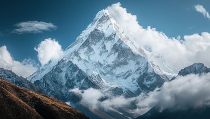 Fototapeta premium Majestic Snow-Capped Mountain Peak Surrounded by Dramatic Clouds and Blue Sky – Breathtaking Natural Landscape in HDR Photography