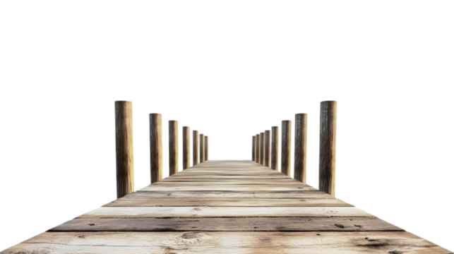 Wooden Dock Extending into Darkness A Serene Pathway, Isolated on Transparent Background