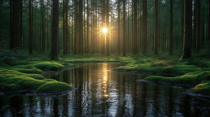 Fototapeta premium Sunset Illuminates Forest Stream Mossy Banks