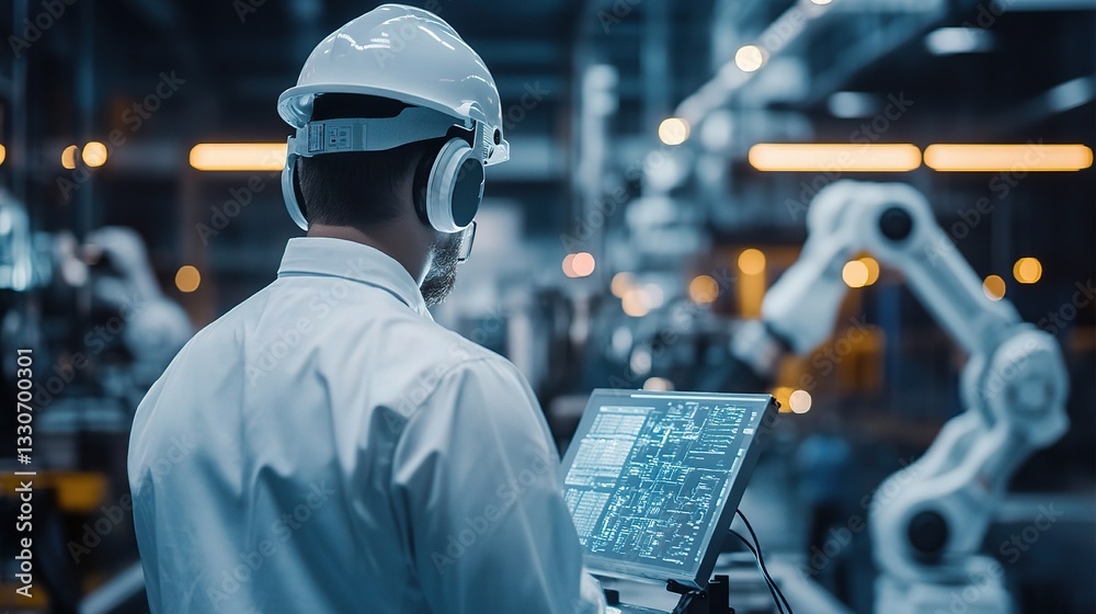Poster engineer inspecting ai driven robotics in advanced manufacturing setting