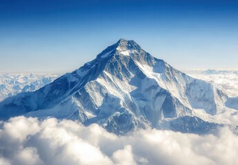 Obraz premium Majestic Snow-Capped Mountain Peak Towering Above Fluffy White Clouds in a Clear Blue Sky During Bright Sunny Day in the Himalayas Region