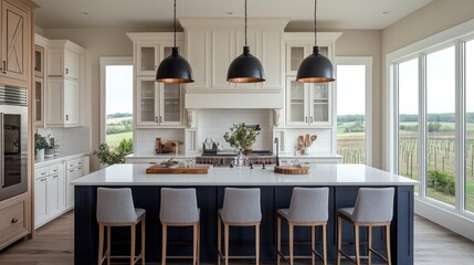 A chic farmhouse kitchen with a deep navy island and white cabinetry accented with light wood trim