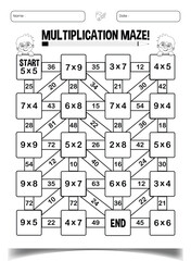Multiplication maze puzzle worksheet for children
