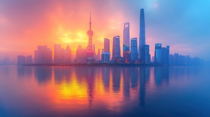 Shanghai Skyline at Sunrise: A Vibrant Panorama of Modern Architecture and Colorful Reflections