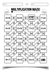 Multiplication maze puzzle worksheet for children