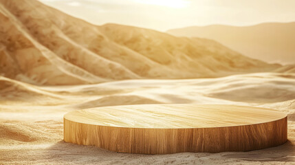 A wooden circular podium on sandy desert landscape with mountains
