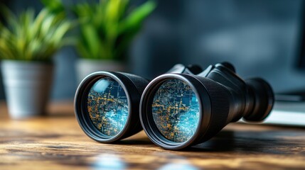 Global Vision: Binoculars Reflecting a Cityscape