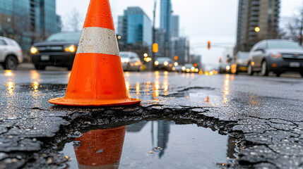 Orange Traffic Cone Stands Guard Over Pothole on Rain Slicked City Street on Cloudy Day