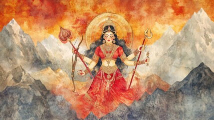 Naklejka premium Weather Powerful Watercolor Scene Goddess Intense Vijayadashami