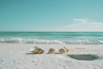 A tranquil scene of seashells on a sandy beach by a calm turquoise ocean under a clear sky.