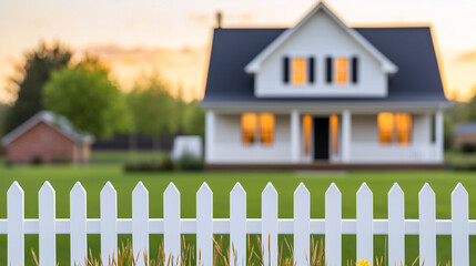 Serene Suburban Home with White Picket Fence at Sunset Warmth