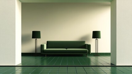 A clean and modern room with a deep green sofa in the center, framed by two matching lamps