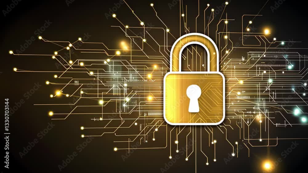 Poster digital padlock with connections over secure data at a technology center showcasing data protection,
