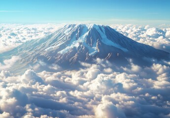 Majestic Snow-Capped Mountain Rising Above Thick White Clouds Under Clear Blue Sky in Stunning Aerial View