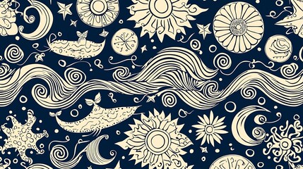 Celestial pattern with sun, moon, waves, and stars on a dark blue background, used for textile
