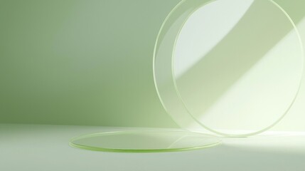 Light green minimalist cylinder podium displaying products on empty background with light beam and shadow, perfect for showcasing luxury and premium products