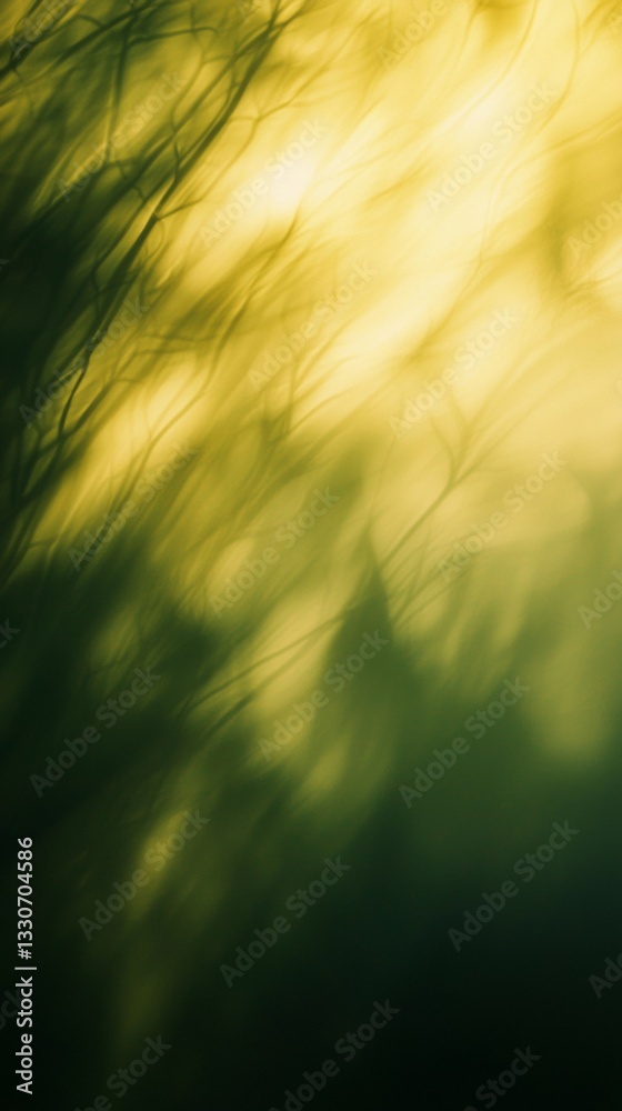 Poster blurred branches create an abstract pattern with sunlight filtering through, providing a nature-insp