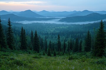 Obraz premium Forest valley with fog at dawn