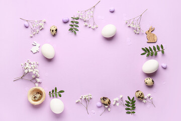 Frame made of flowers, green leaves and Easter eggs on lilac background