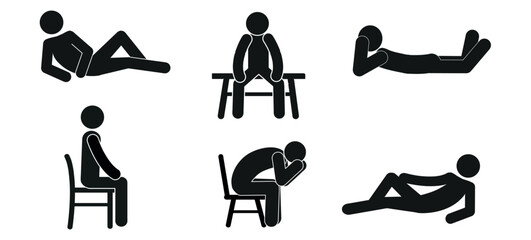 a set of pictographs of human figures, a stick, a man lying, sitting on a chair, sitting on a bench, isolated on a white background