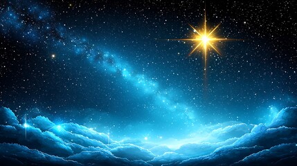 Celestial star shines over cosmic clouds against a dark night sky, suitable for wallpapers