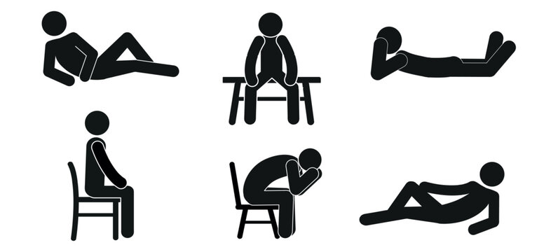 a set of pictographs of human figures, a stick, a man lying, sitting on a chair, sitting on a bench, isolated on a white background