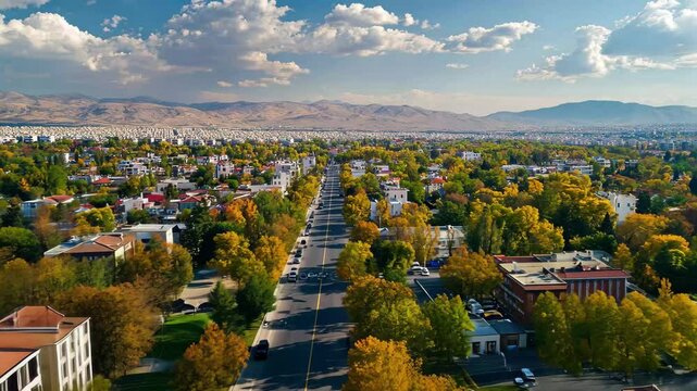 Vivid aerial view of Livadia in Greece showcasing lush greenery and urban layout on a sunny day, Aerial view of the city Livadia in Greece on a sunny dav in autumn
