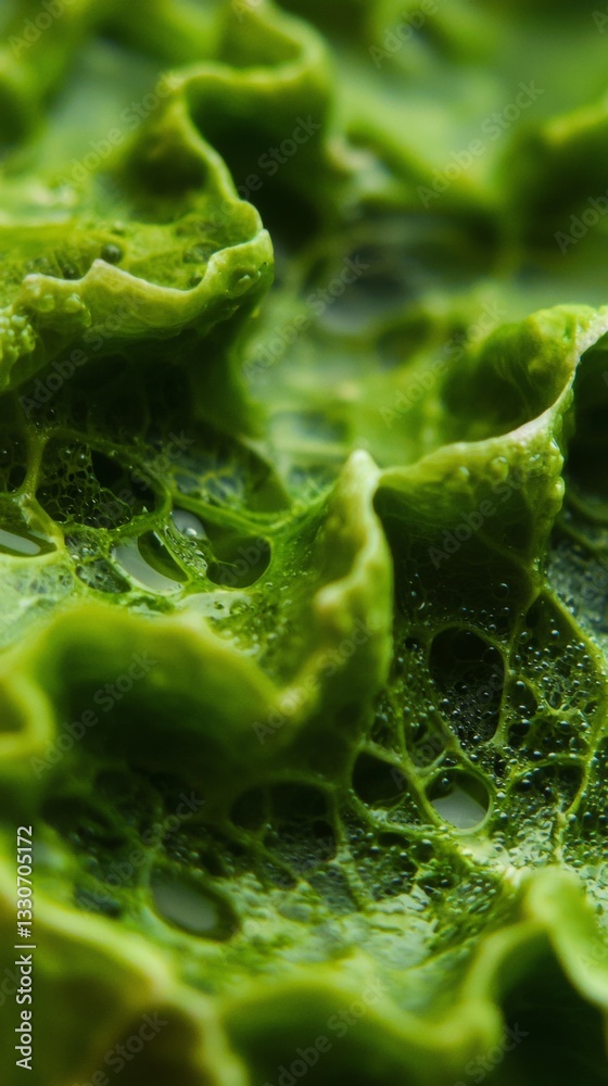 Poster close-up of a vibrant green surface with wave-like formations, creating intricate patterns and textu