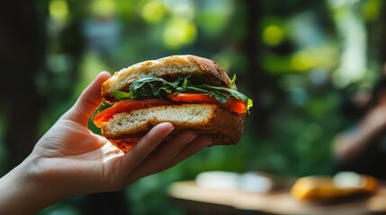 A person is holding a sandwich with lettuce and tomato. The sandwich is cut in half and is placed on a wooden table