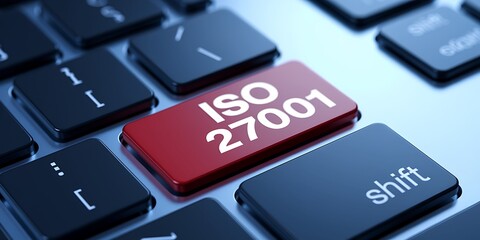 Close-Up of Computer Keyboard Featuring Bold Red "ISO 27001" Key