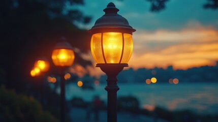 Serene Sunset Glow: Illuminated Pathway by the Water's Edge