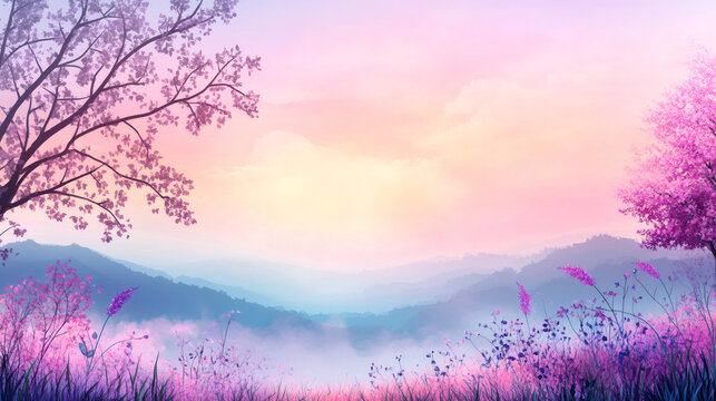 Sunrise landscape painting revealing misty valley, pink flowering trees glowing under soft morning light