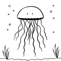 a whimsical illustration of a jellyfish swimming in the ocean with bubbles. The image is in black and white, showcasing the jellyfish's unique shape and flowing tentacles