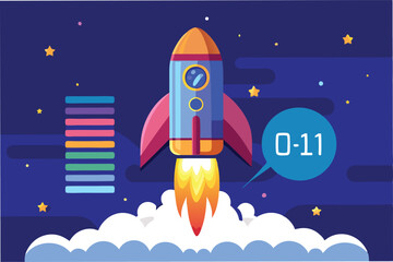 Rocket launching into the night sky with a stylized countdown and vibrant colors in a vector illustration