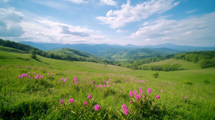 Mountain meadow carpeted with vibrant pink rhododendron blossoms, surrounded by lush forested hills under overcast skies in Carpathian landscape