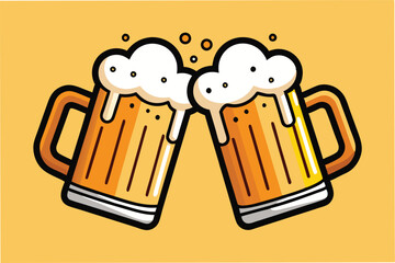 Cheers with two frothy beer mugs clinking together against a bright yellow background in a cheerful celebration moment