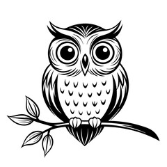 Obraz premium a detailed black and white illustration of an owl perched on a branch, staring at the viewer