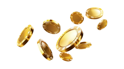 Golden Casino Chips Falling Winning Jackpot Fortune, Isolated on Transparent Background