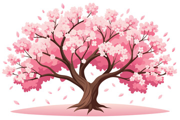 Fototapeta premium Blooming cherry blossom tree in a serene landscape with petals falling and a clear sky in a vibrant spring setting