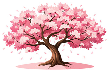 Fototapeta premium Blooming cherry blossom tree in a serene landscape with petals falling and a clear sky in a vibrant spring setting