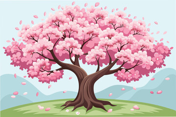 Obraz premium Blooming cherry blossom tree in a serene landscape with petals falling and a clear sky in a vibrant spring setting