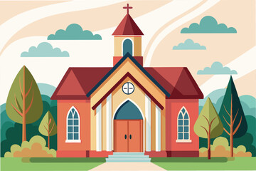 Naklejka premium Colorful vector illustration of a welcoming church surrounded by trees and hills during a sunny day in a tranquil setting
