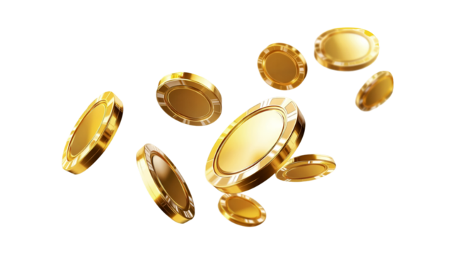 Golden Casino Chips Falling Winning Jackpot Fortune, Isolated on Transparent Background - Powered by Adobe