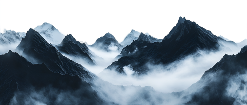 Majestic Mountains Enveloped in Fog Dramatic Peaks and Valleys Winter Wonderland, Isolated on Transparent Background